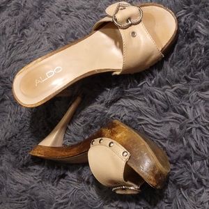Aldo's Vintage and Rare Leather and Wooden Stilettos with Heart Buckle